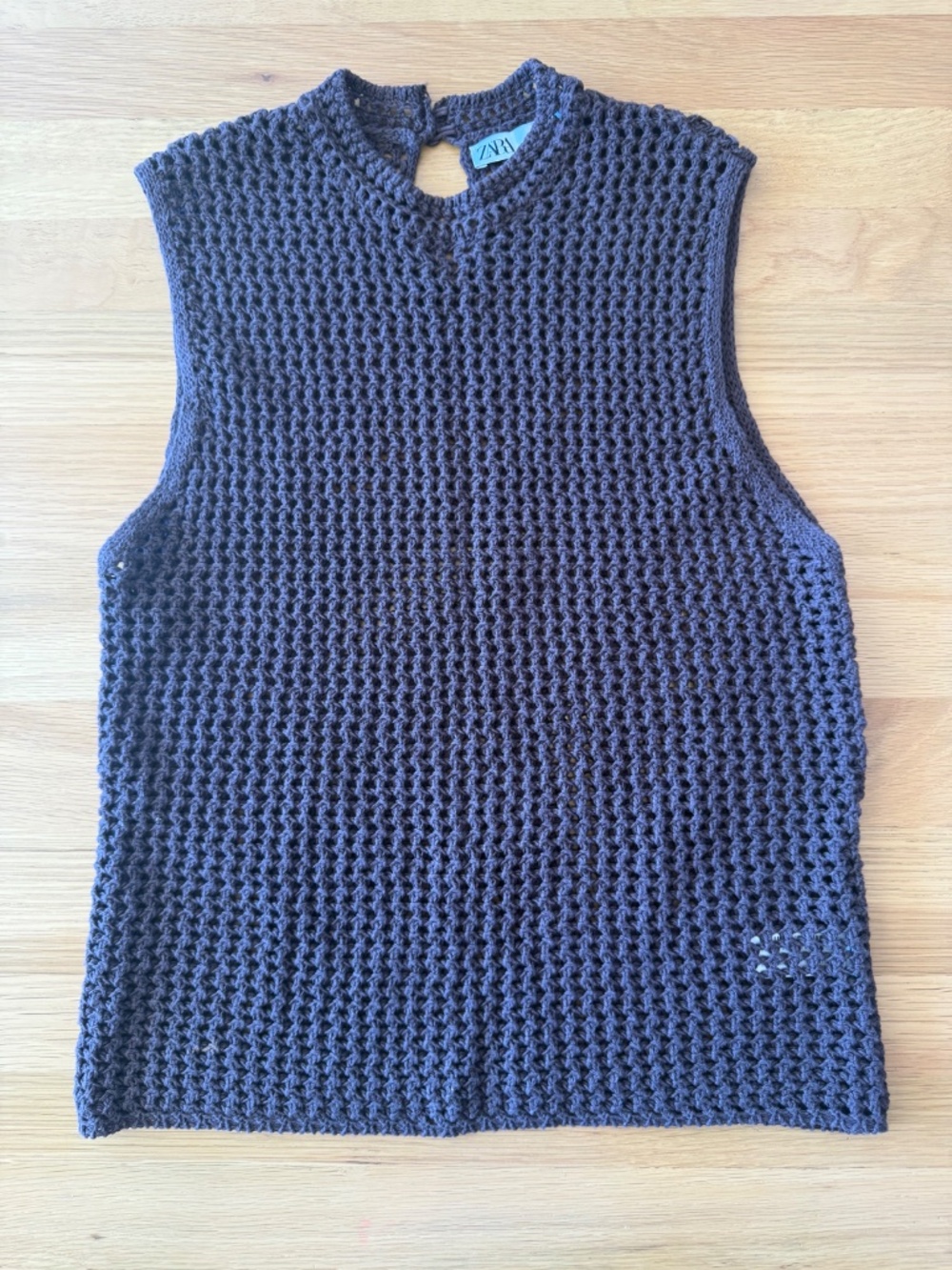 Zara Open-Knit Crochet Dark Brown Sleeveless Top Cotton/Linen Women's XL